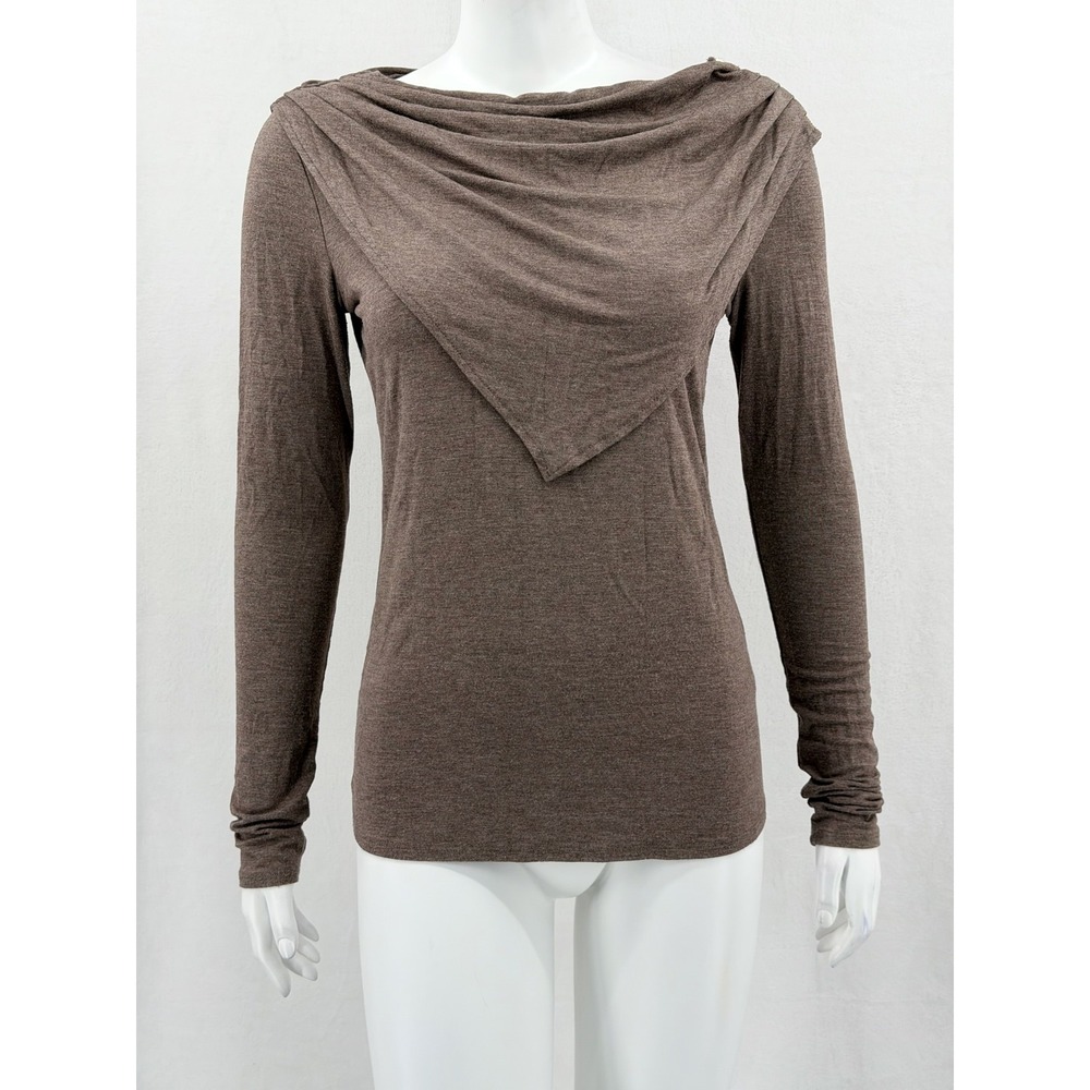 Premise Top Womens Small Brown Draped Cowl Neck Long Sleeve Stretch Fall Office